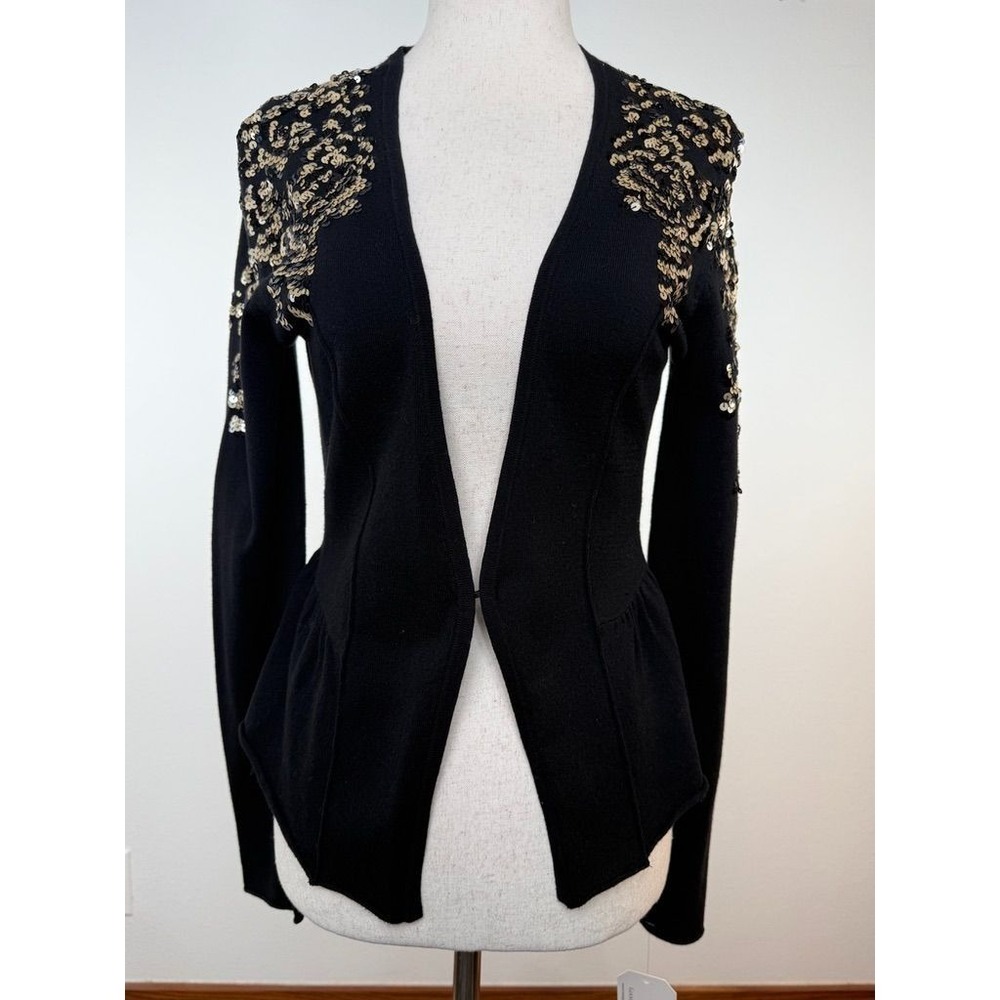 Cache Black Cardigan Sequin Peplum Hem Hook & Eye Closure Long Sleeve Size M
